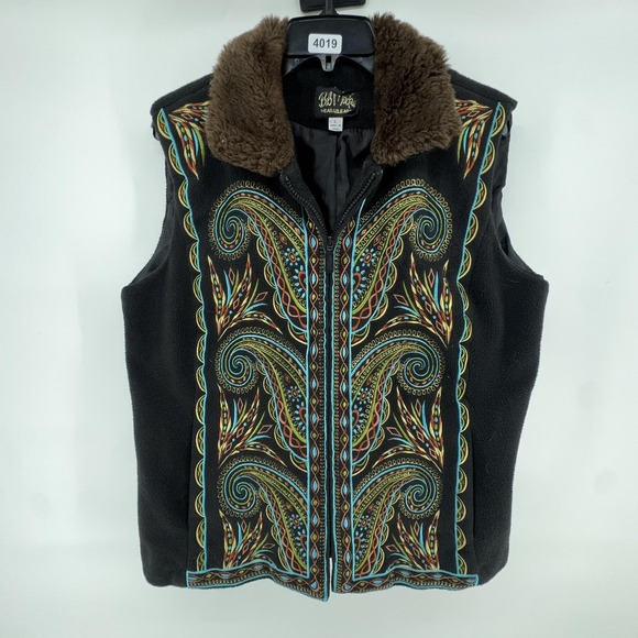 Bob Mackie Vest Womens Large Black Fleece Paisley Embroidered Faux Fur Boho - Picture 2 of 10